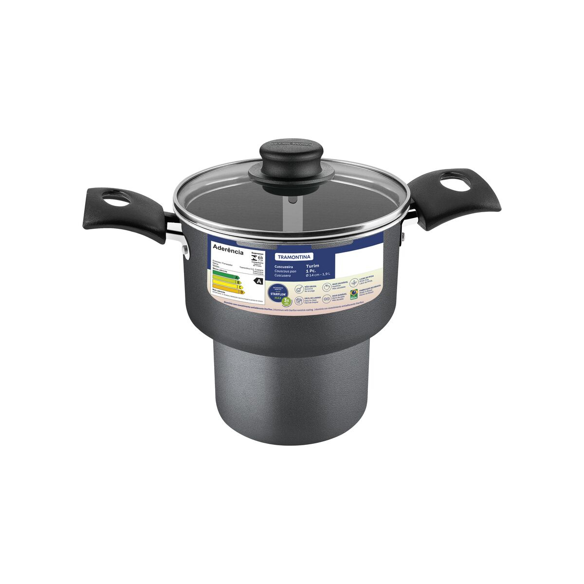 Cuscuzeira Tramontina Turim em Alumínio com Revestimento Interno e Externo em Antiaderente Starflon Max Chumbo 14 cm 1,9 L