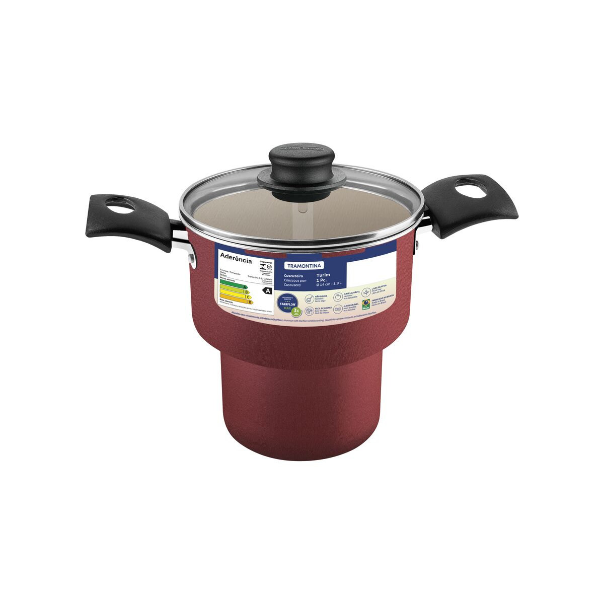 Cuscuzeira Tramontina Turim em Alumínio com Revestimento Interno e Externo em Antiaderente Starflon Max Vermelho 14 cm 1,9 L