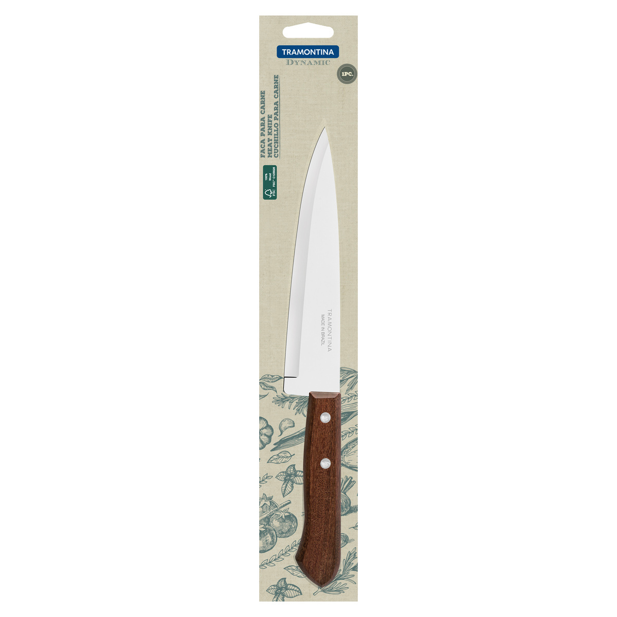 Faca Peixeira e Cozinha Tramontina Dynamic com Lâmina de Aço Inox e Cabo de Madeira Natural 7”