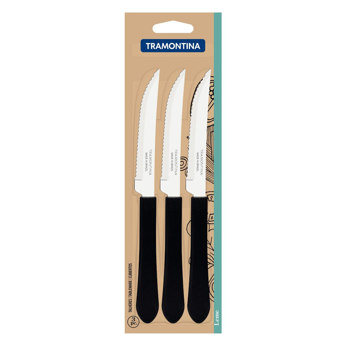 Conjunto Faca Tramontina Churrasco Inox 3 Peças Leme Preta