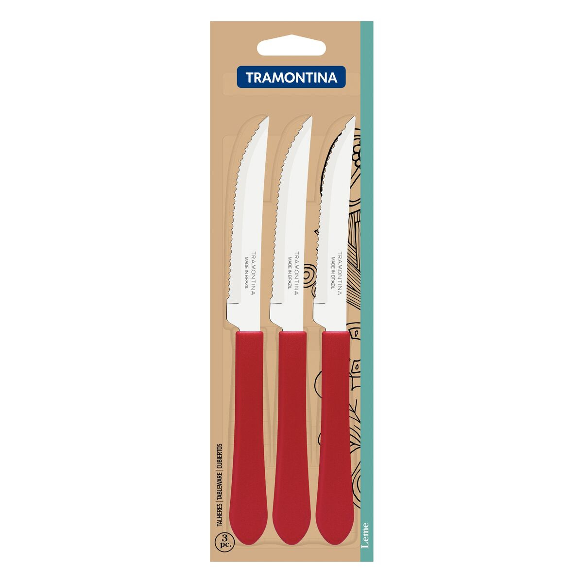 Conjunto Faca Tramontina Churrasco Inox 3 Peças Leme Vermelha