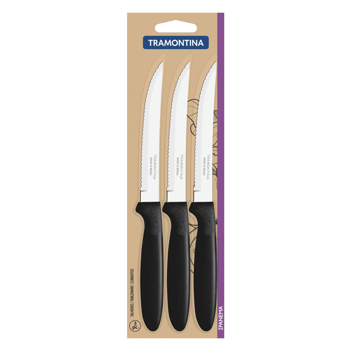 Conjunto de Facas para Churrasco Tramontina Ipanema com Lâminas em Aço Inox e Cabos de Polipropileno Preto 3 Peças