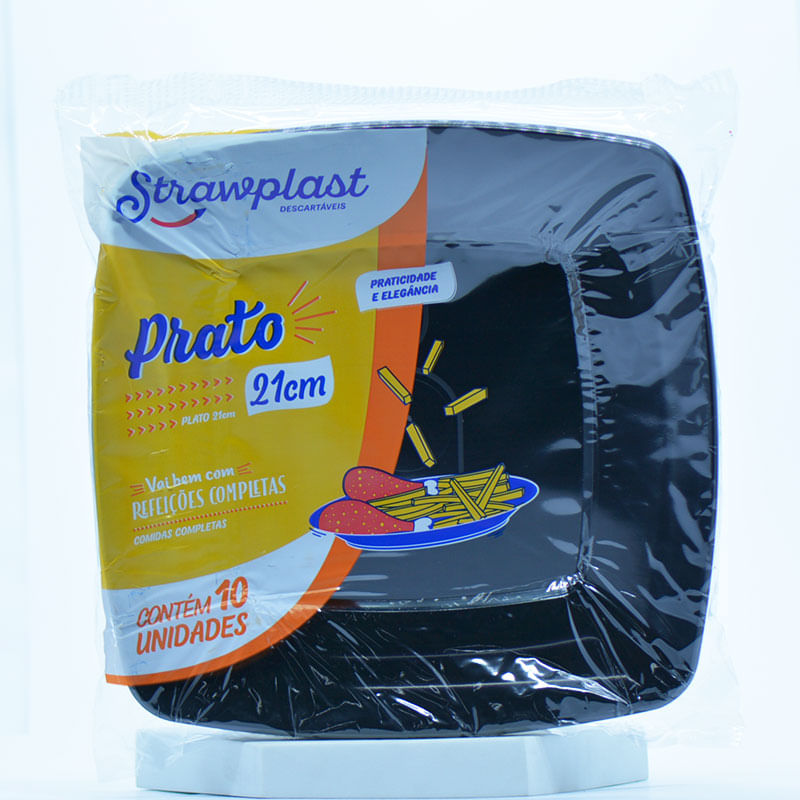 Prato Quadrado Strawplast Preto 21cm.