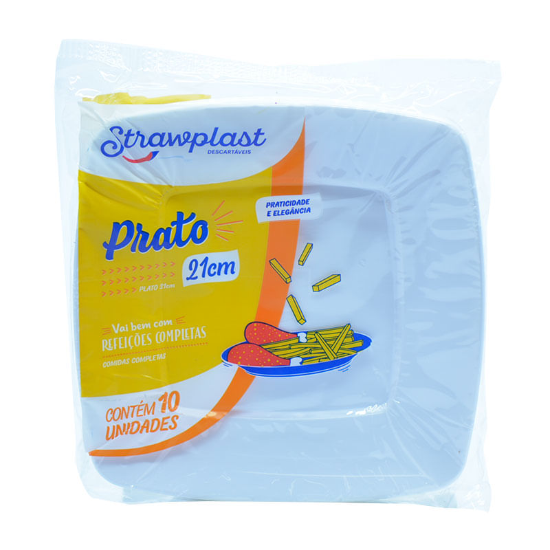 Prato Quadrado Strawplast Branco 21cm.