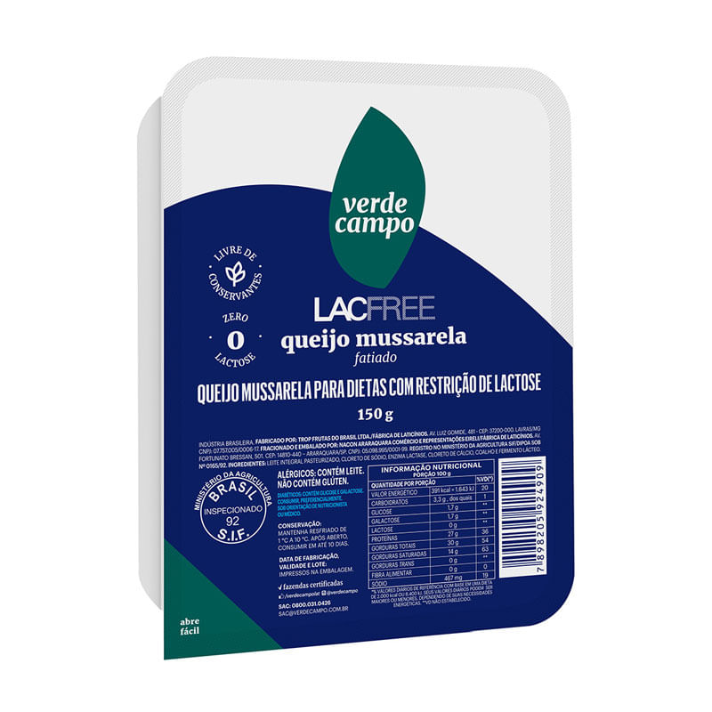 Queijo Mussarela Lacfree Verde Campo 150g
