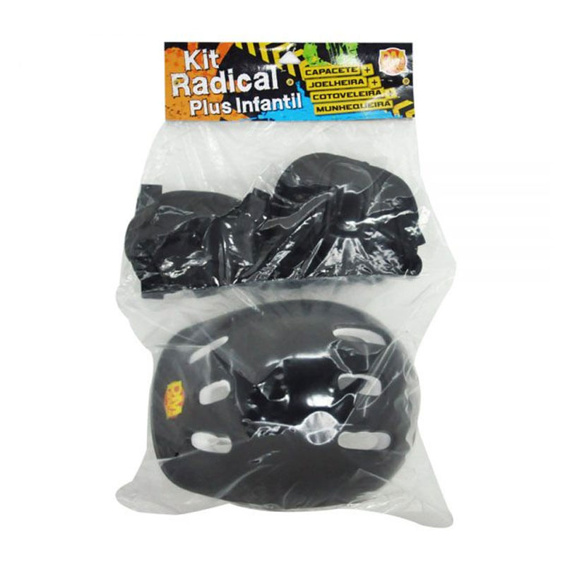 Kit Radical Plus Infantil Preto Capacete/ Joelheira/ Cotoveleira/Munhequeira