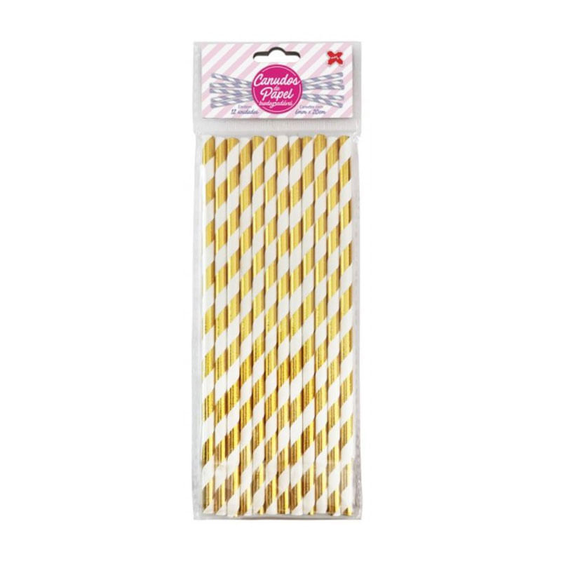 Canudo de Papel 6X200mm Listras Ouro Metelizado 12un