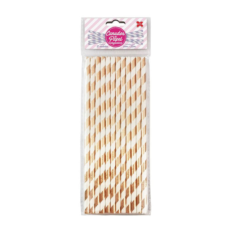 Canudo de Papel 6X200mm Listras Champagne Metalizado 12un