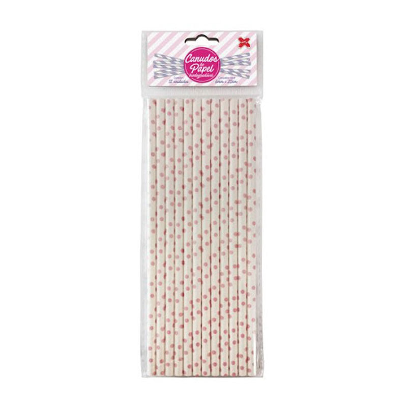 Canudo de Papel 6X200mm Branco e Rosa Bolinhas 12un