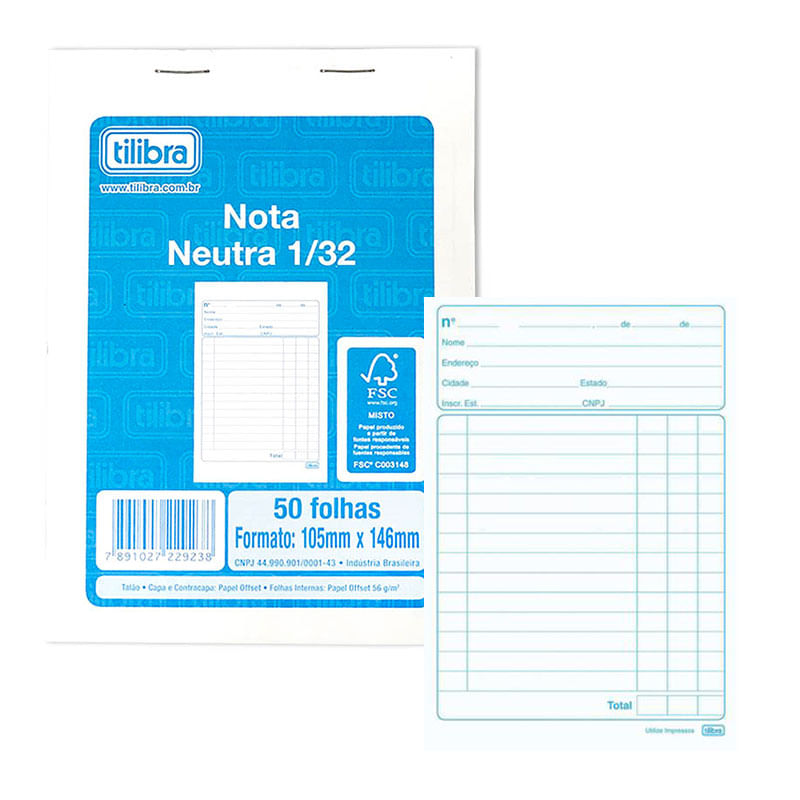 Nota Neutra 1/32 Pequena Tilibra 1 Via 50 Folhas