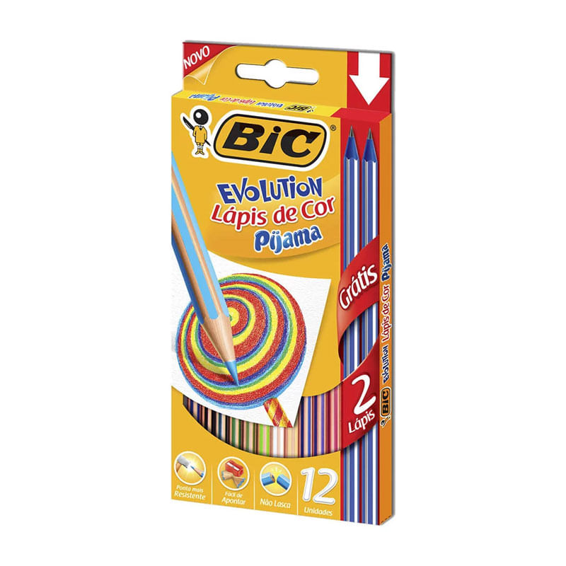 Lápis de Cor Grande 2 Lápis Pijama Evolution Bic 14 Unidades