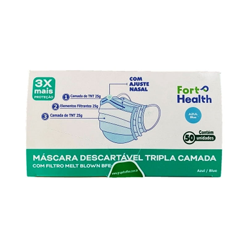 Máscara Descartável Fort Health Tripla Camada Azul 50un