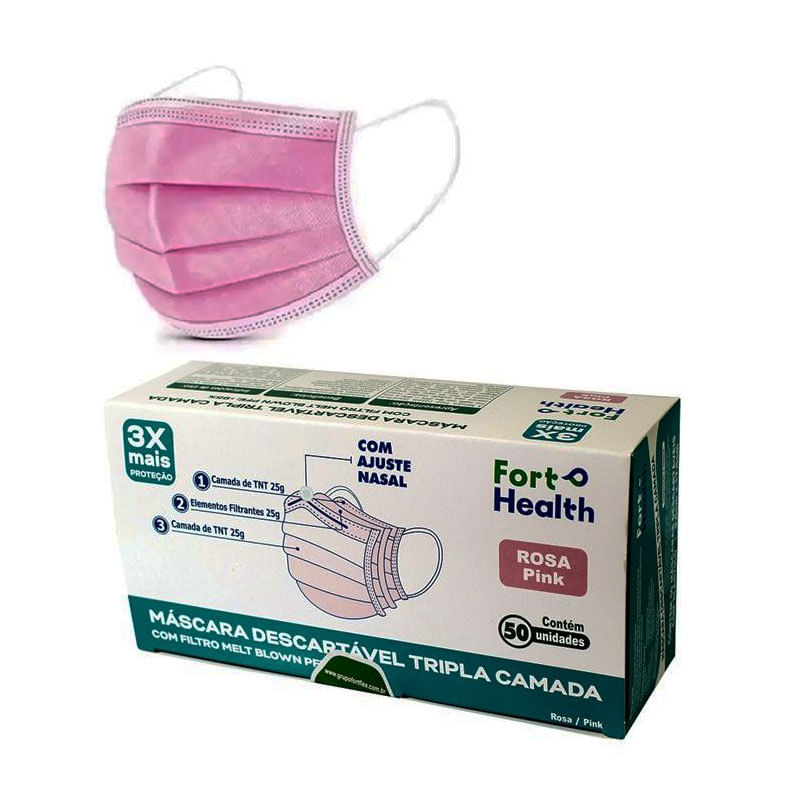 Máscara Descartável Fort Health Tripla Camada Rosa 50un