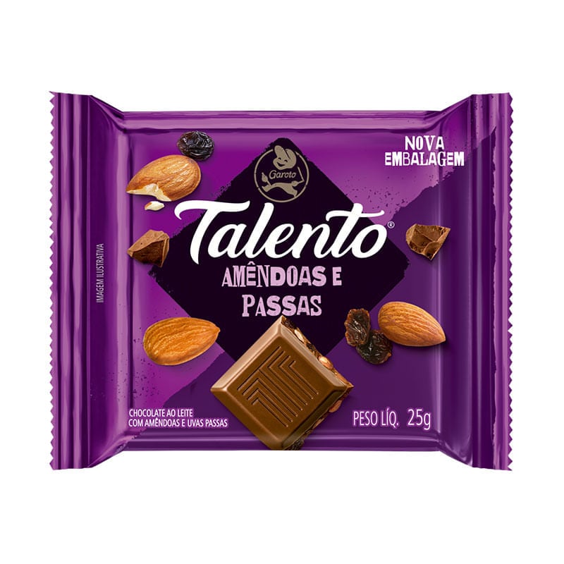 Chocolate Talento Tablete Leite Amêndoas Passas 25G