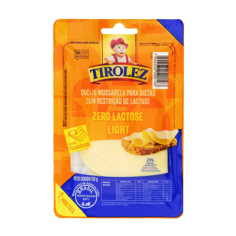 Queijo Mussarela Tirolez light Zero Lactose Fatiado 150g