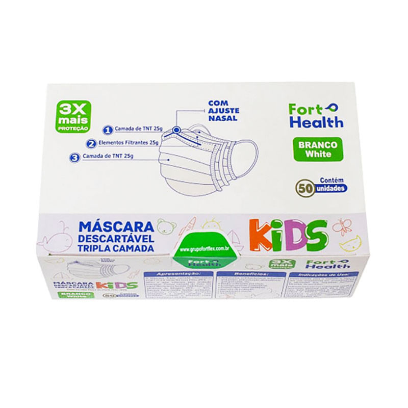 Máscara Descartável Fort Health Tripla Camada Kids Branca 50un