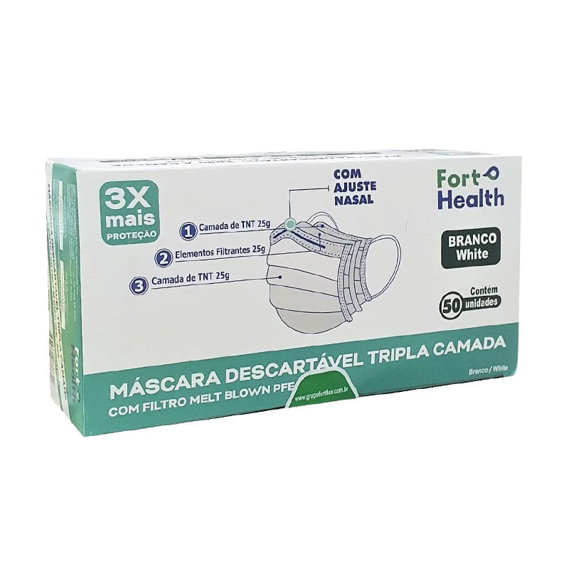 Máscara Descartável Fort Health Tripla Camada Branca 50un