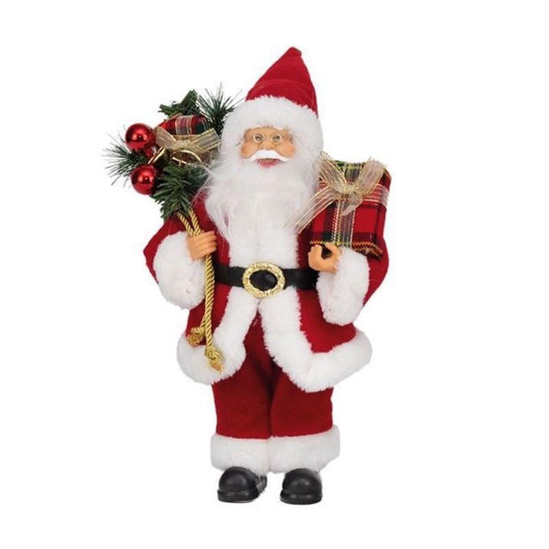 Noel com Caixa Presente Xadrez Vermelho Branco Verde 30cm
