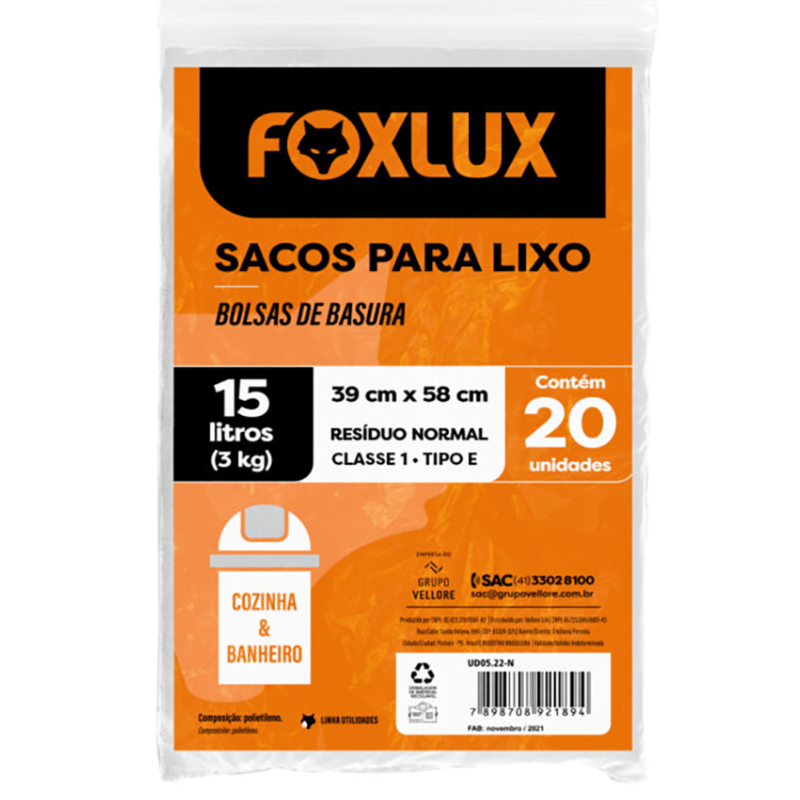 SACO LIXO FOXLUX 15L 39X58CM PT 20PCS