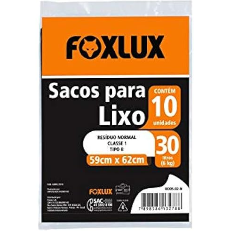 SACO LIXO FOXLUX 30L 59X62CM PT 10PCS