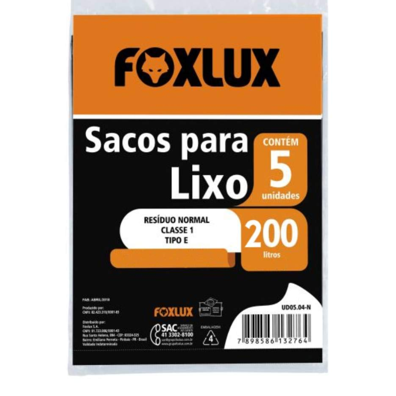 SACO LIXO FOXLUX 200L 90X115CM PT 5PCS