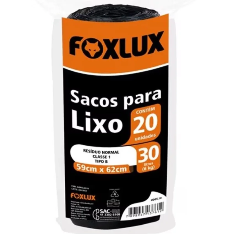 SACO LIXO FOXLUX 30L 59X62CM PT 20PCS