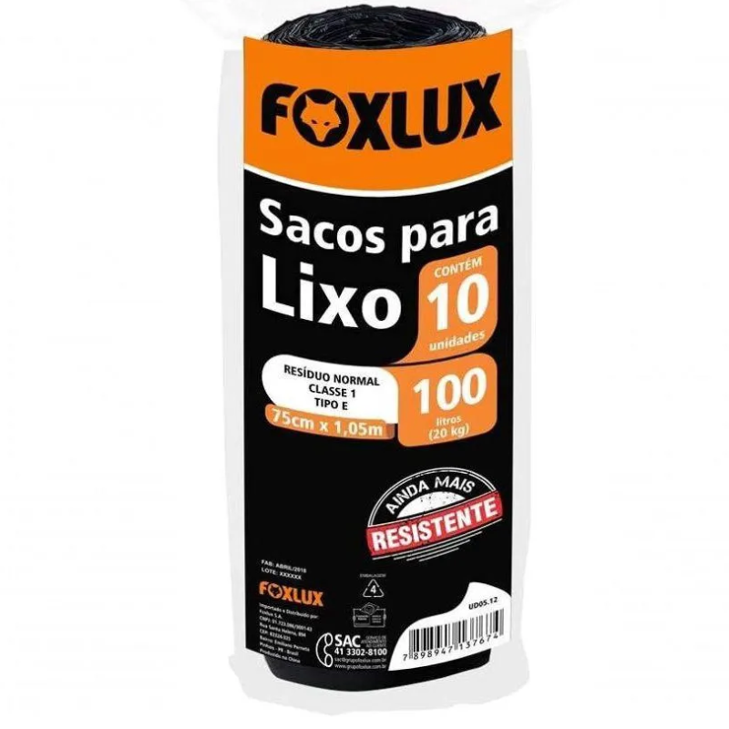 SACO LIXO FOXLUX 100L 75X105CM PT 10PCS