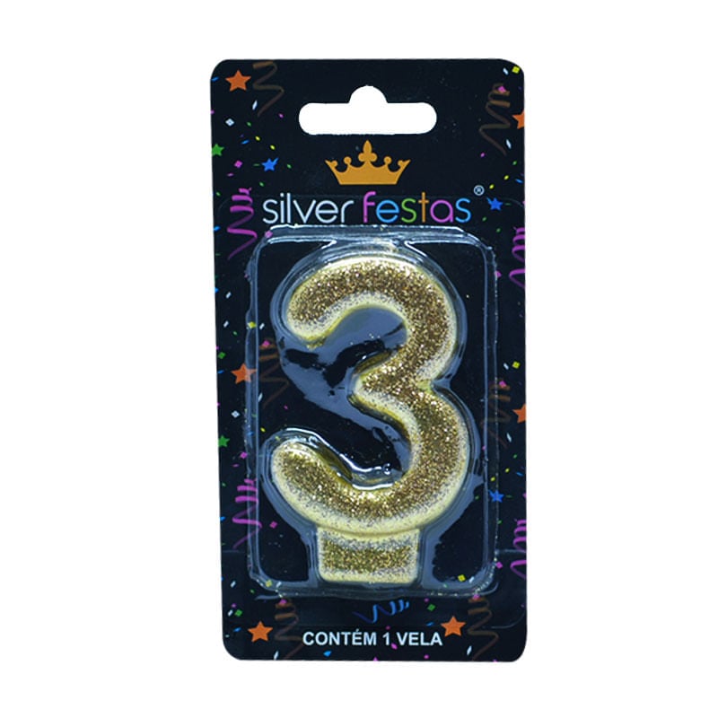 Vela com Glitter Silver Número 3 Dourado