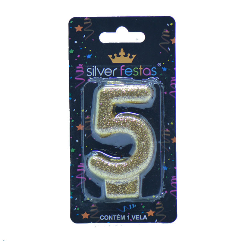 Vela com Glitter Silver Número 5 Dourado