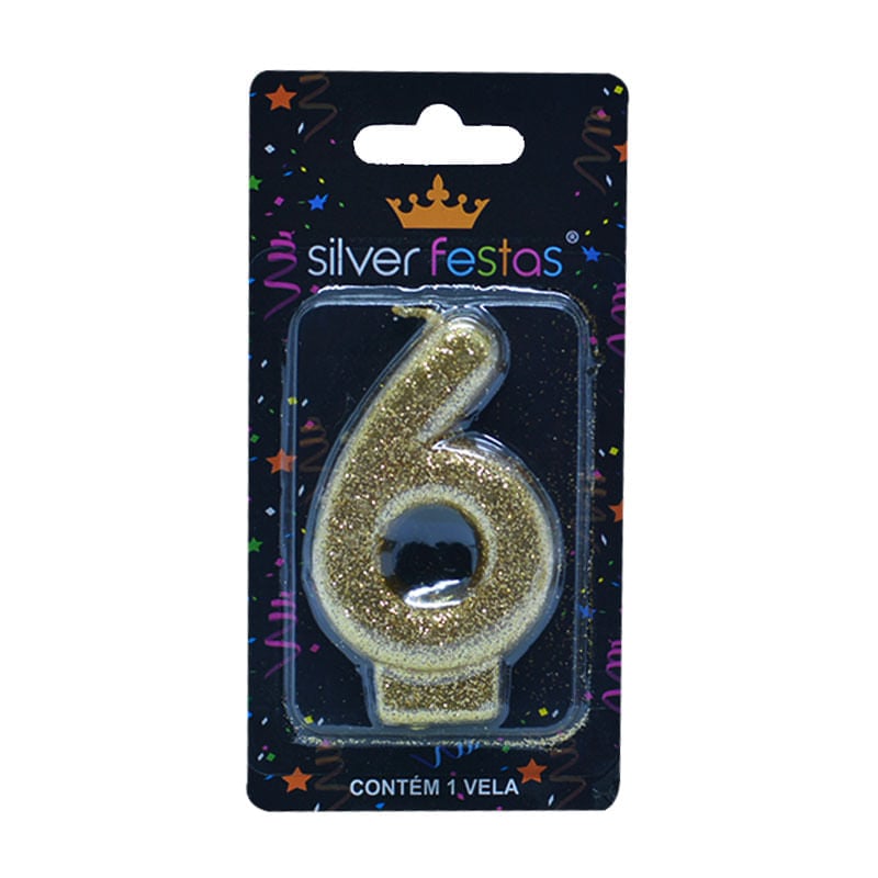 Vela com Glitter Silver Número 6 Dourada