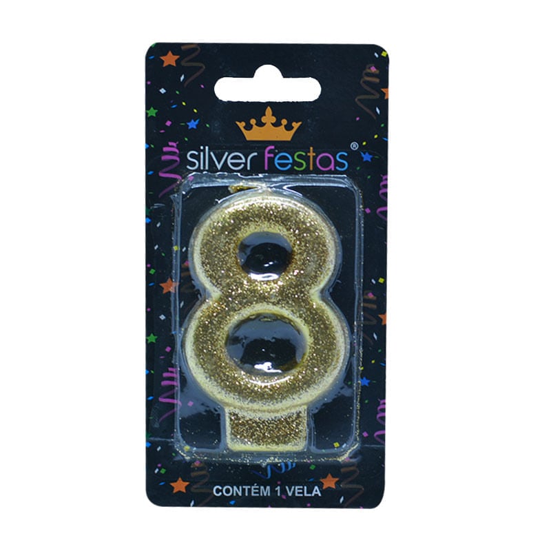 Vela com Glitter Silver Número 8 Dourada