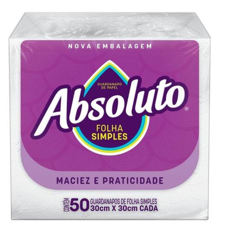 GUARDANAPO ABSOLUTO FOLHA SIMPLES 30X30 50FL