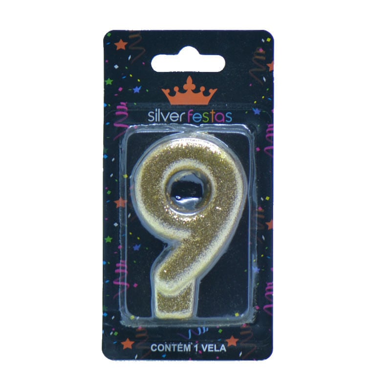 Vela com Glitter Silver Número 9 Dourada