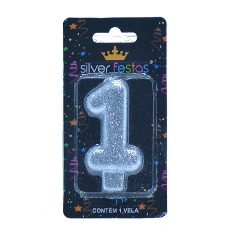 Vela com Glitter Silver Número 1 Prateada