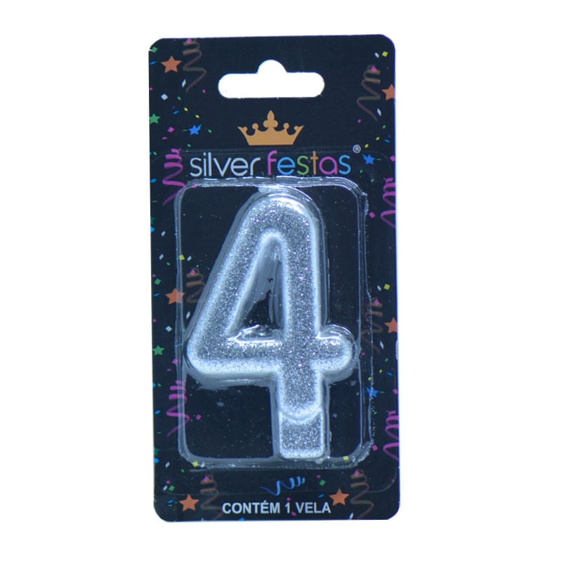 Vela com Glitter Silver Número 4 Prateada