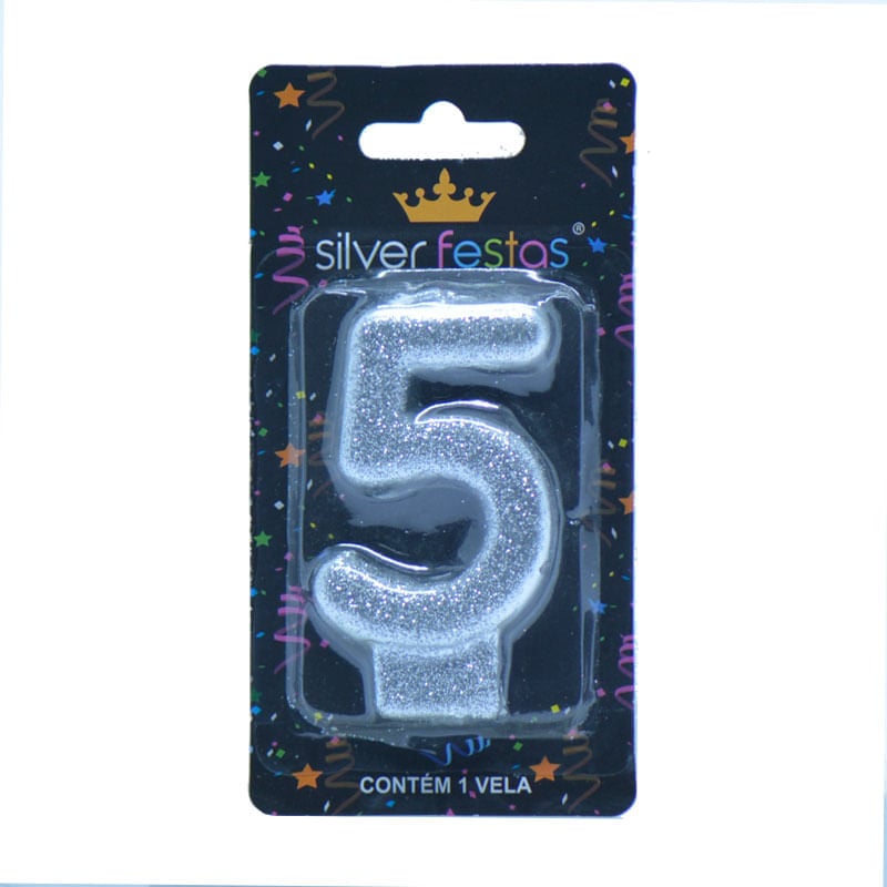Vela com Glitter Silver Número 5 Prateada