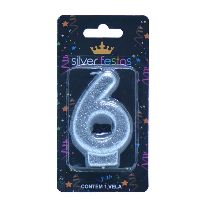 Vela com Glitter Silver Número 6 Prateada
