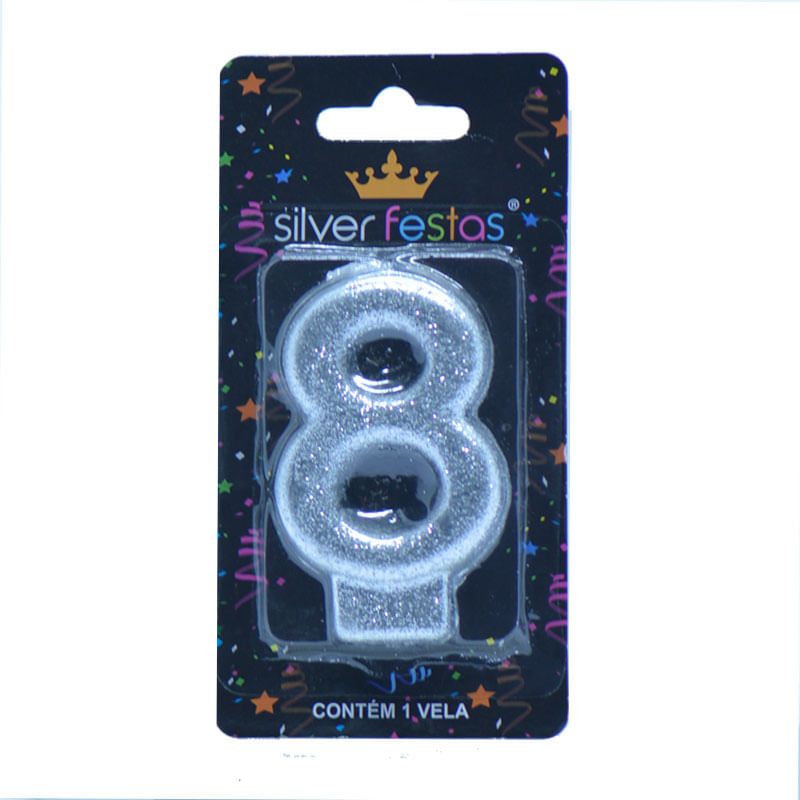 Vela com Glitter Silver Número 8 Prateada