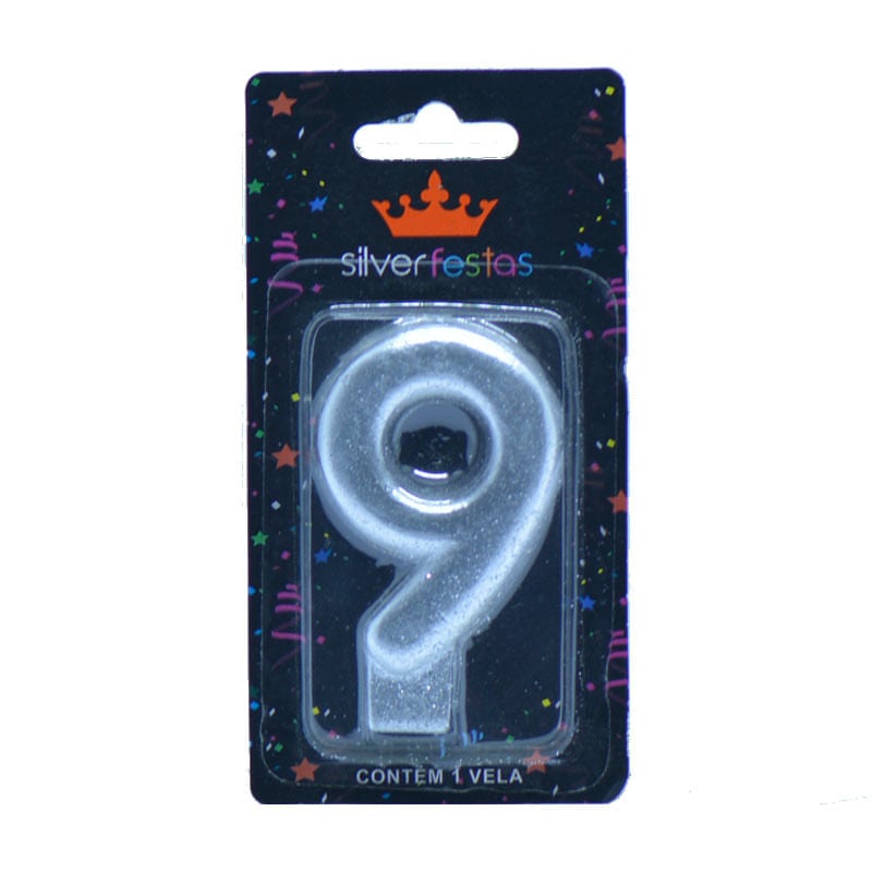 Vela com Glitter Silver Número 9 Prateada