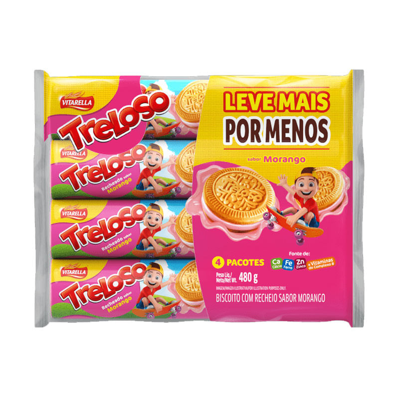 Biscoito Recheado Treloso Morango 480g