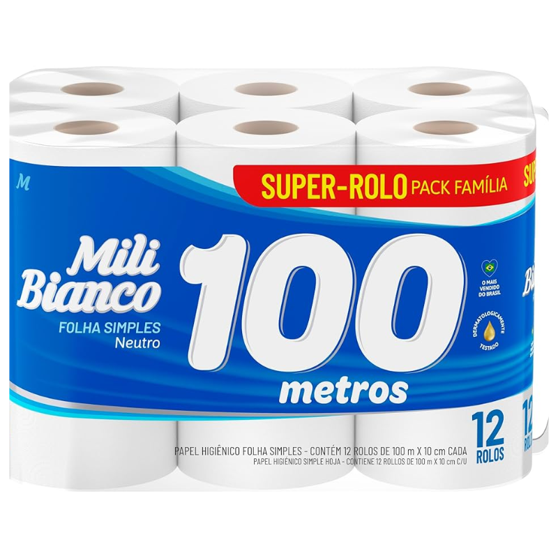 Papel Higiênico Bianco Folha Dupla Neutro 12 Rolos 30m