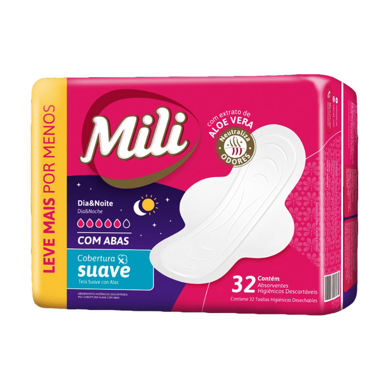 Absorvente Mili Dia e Noite Suave com Abas 32un