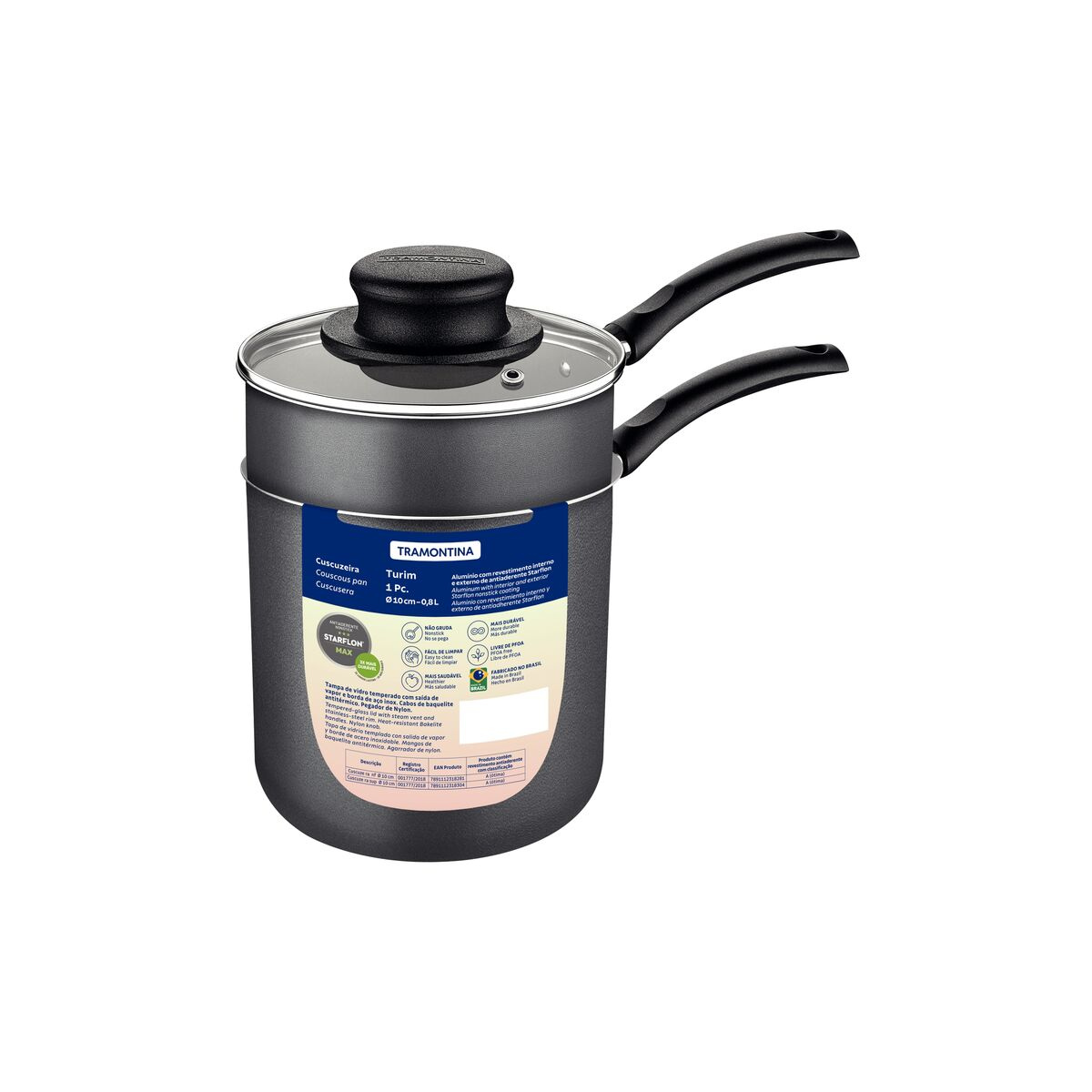 Cuscuzeira Tramontina em Alumínio com Revestimento Interno e Externo em Antiaderente Starflon Max Chumbo 10 cm 0,8 L