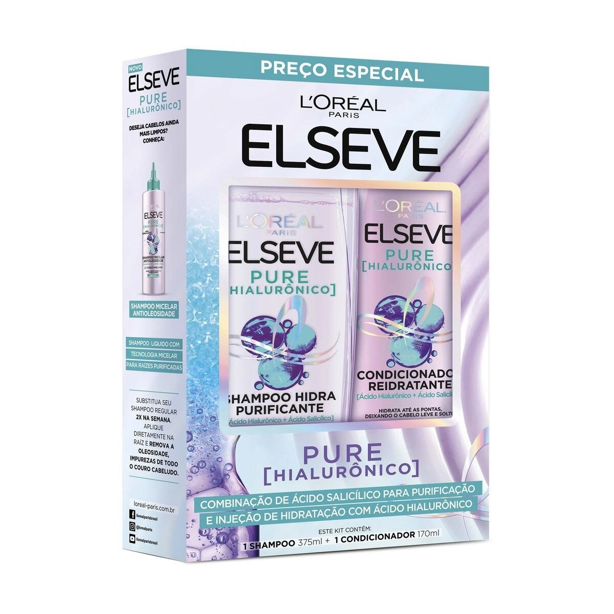  Shampoo 375ml+Condicionador 170ml Elseve Pure Hialurônico  