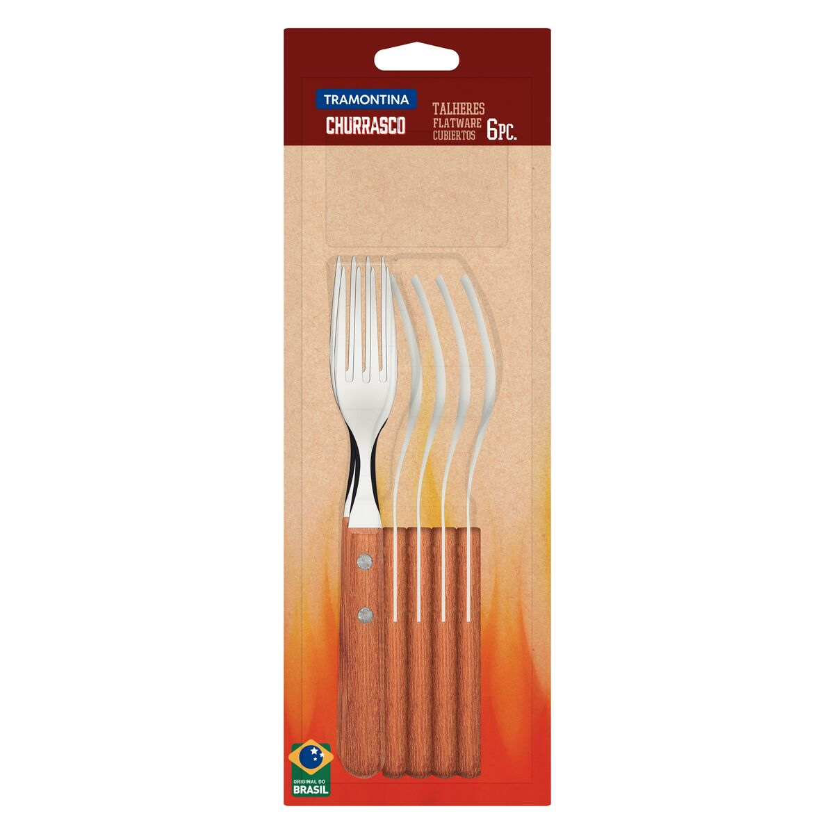 Conjunto de Garfos de Mesa Tramontina Dynamic com Lâminas em Aço Inox e Cabos de Madeira Natural 6 Peças