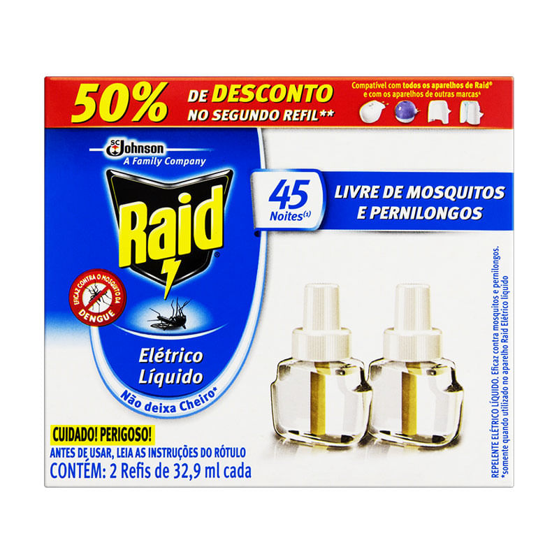 Inseticida Raid Elétrico Líquido 45 Noites 2x32,9ml