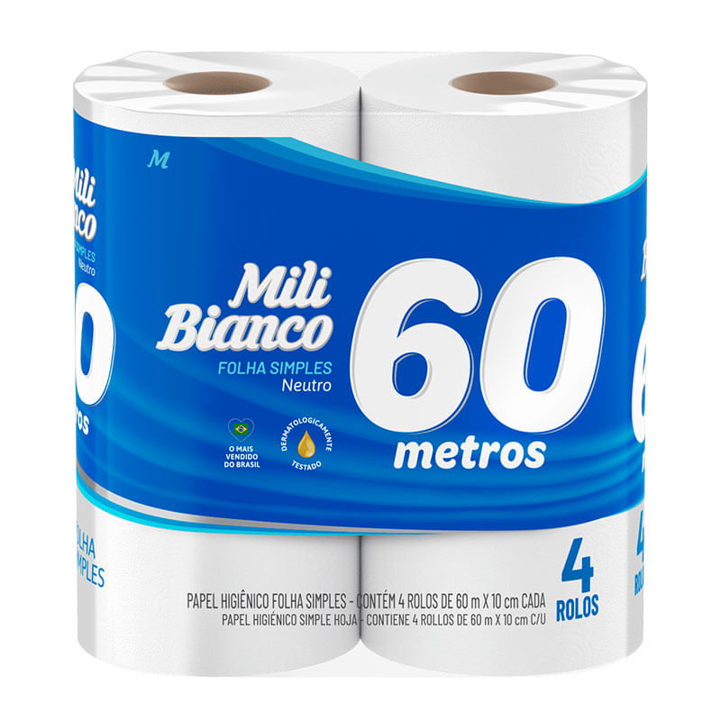 Papel Higiênico Mili Bianco 60m Neutro com 4 Rolos