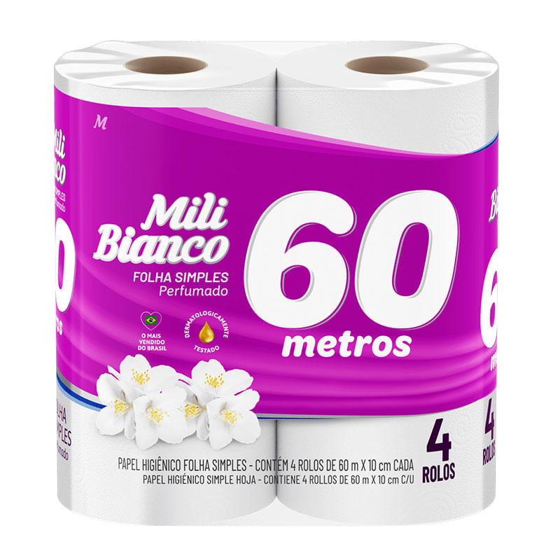 Papel Higiênico Mili Bianco 60m Perfumado com 4 Rolos