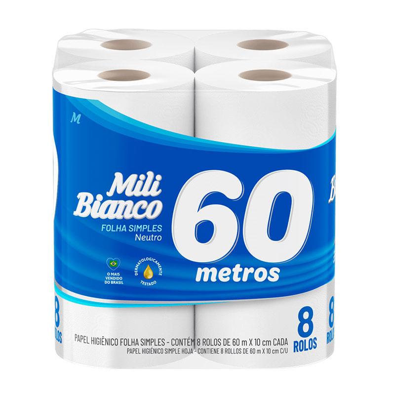 Papel Higiênico Mili Bianco 60m Neutro com 8 Rolos