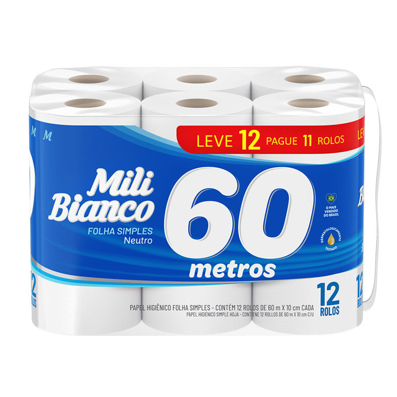 Papel Higiênico Mili Bianco 60m Neutro Leve 12 Pague 11 Rolos